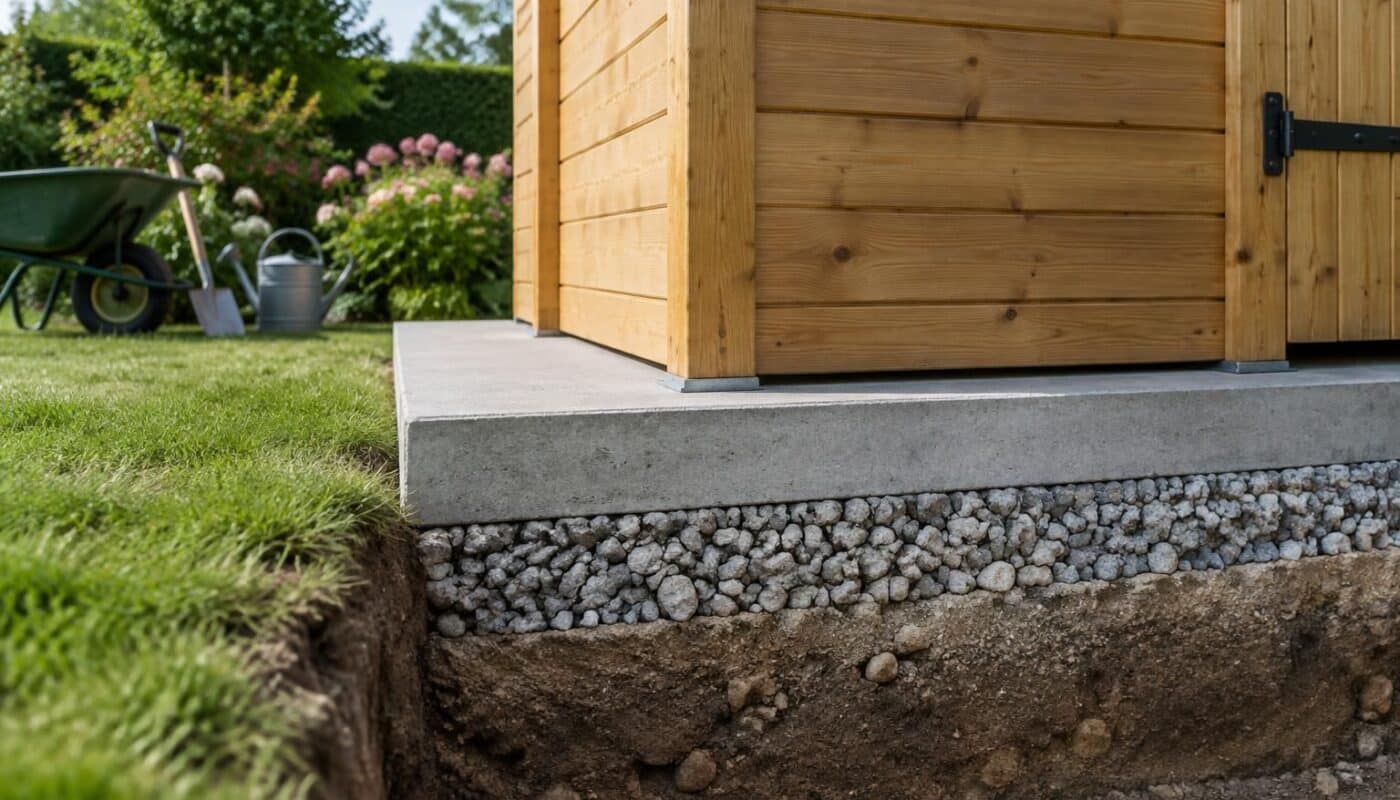 découvrez quelle épaisseur de dalle en béton choisir pour votre abri de jardin selon son poids, son usage et la nature du sol.